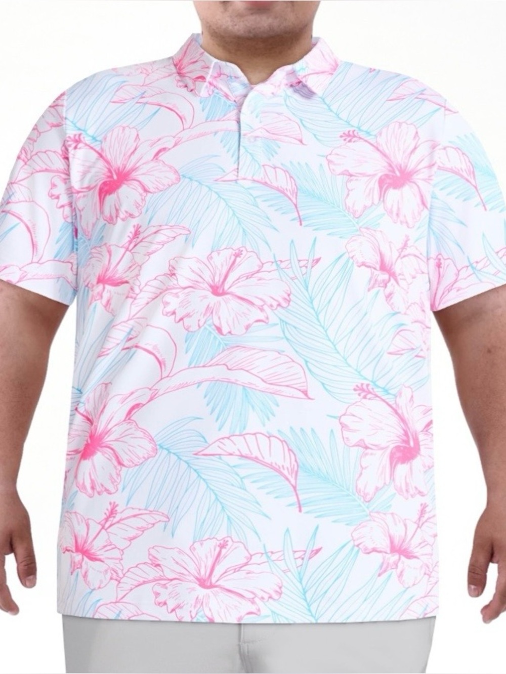 Birdie Bound Men's Pink Hibiscus Print Golf Polo Shirt Size 2XL Active Casual